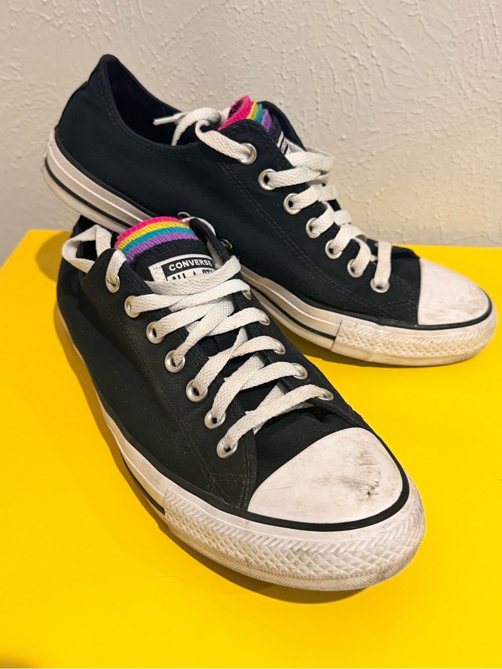 Converse Black Low Top Sneakers with Rainbow Tongue